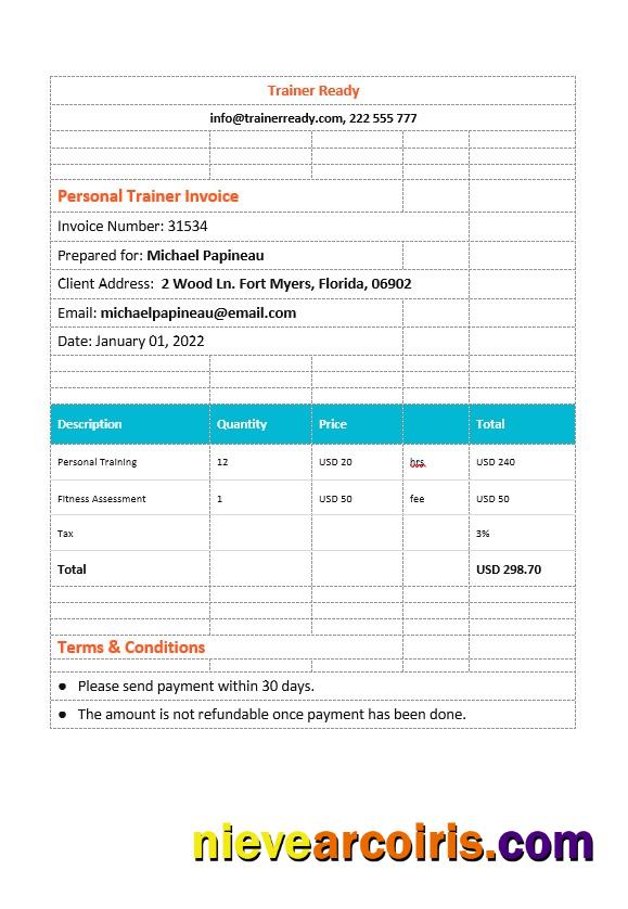 Personal Trainer Invoice